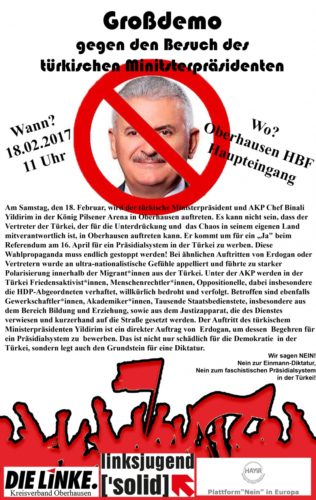 Aufruf der Partei "Die Linke" gegen den Auftriit von Yildirim am 18.2.2017 in Oberhausen