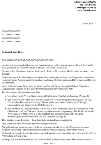 Der offene Brief der Initiative gegen Rechts gegen das AfD Büro in Oberhausen zum Download.
