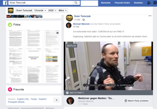 Geteilter Beitrag des bei der Feuerwehr der Stadt Essen angestellten Sven Tomczak in dem die Corona-Pandemie als Fake bezeichnet wird. Screenshot Facebook Account Sven Tomczak.