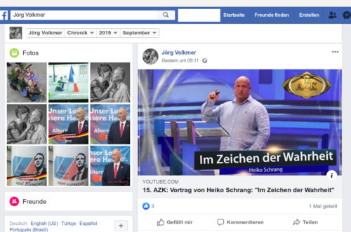 Beitrag von Jörg Volkmer mit Beitrag der AZK (Anti-Zensur-Koaliation), regelmäßig in der Schweiz stattfindende Veranstaltung von Holocaustleugnern und Rechten Verschwörungstheoretikern. Screenshot Facebook Account Jörg Volkmer.